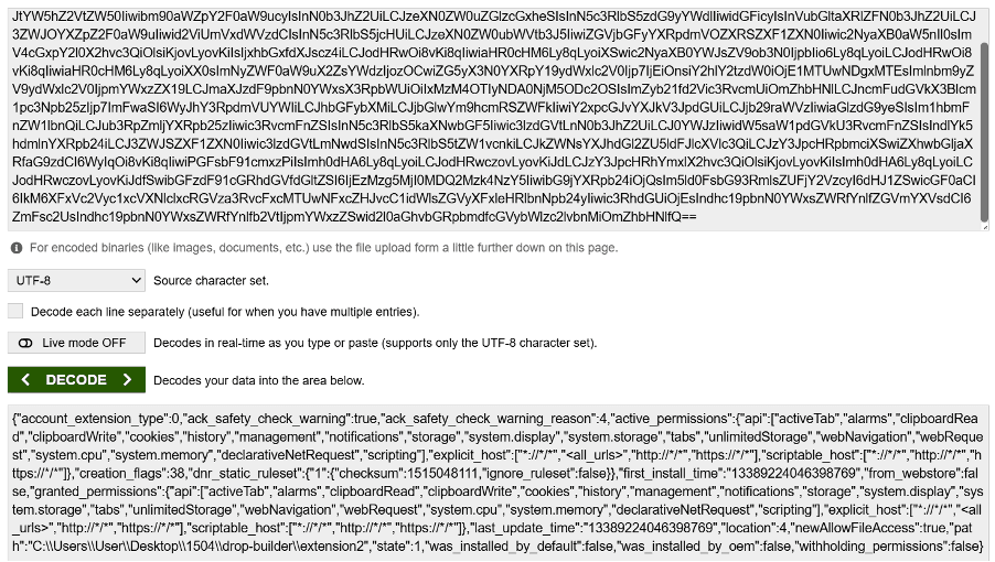 Rysunek 9 - Dekodowanie zmiennej zawierającej konfigurację wtyczki wraz z jej wszystkimi uprawnieniami